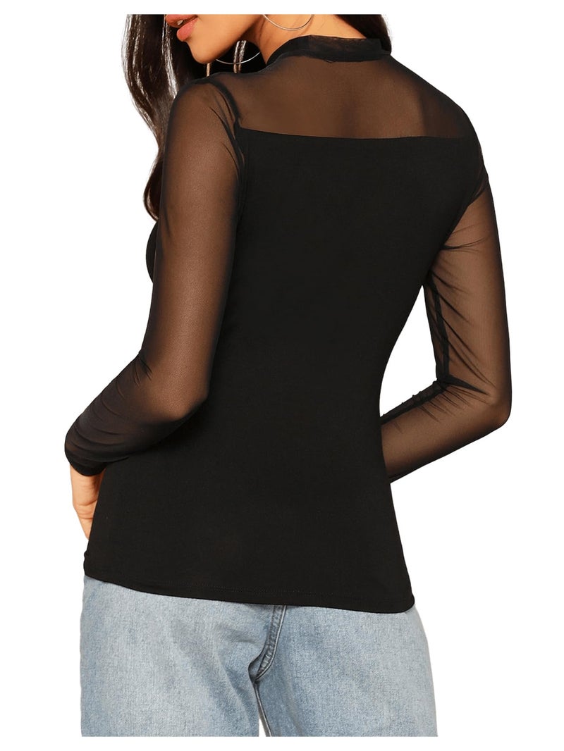 SweatyRocks Women's Elegant Long Sleeve Contrast Sheer Mesh Slim Fit T Shirt Tops Black #1 L - Image 2